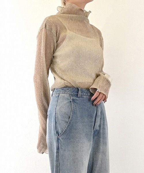 STYLEBLOCK（スタイルブロック）の「ラメプリーツシアータートルネックトップス（Tシャツ/カットソー・レディース・ライトグレー/オフホワイト/ピンク/ゴールド・M）」の7枚目の写真