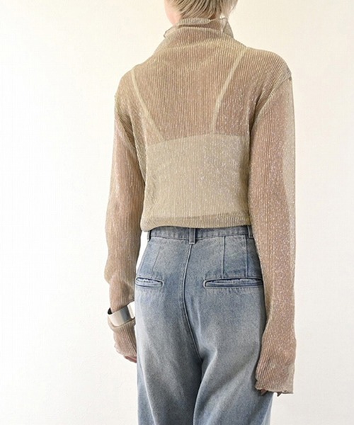 STYLEBLOCK（スタイルブロック）の「ラメプリーツシアータートルネックトップス（Tシャツ/カットソー・レディース・ライトグレー/オフホワイト/ピンク/ゴールド・M）」の8枚目の写真