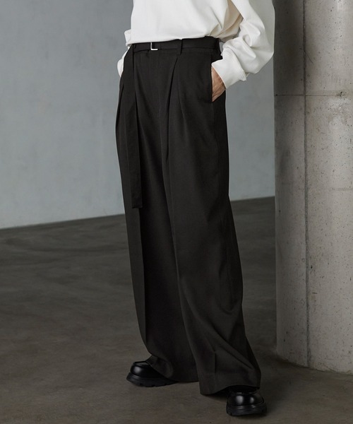 ★超高級ウール　美品◎シティ　ワイド　スラックス　ストレート　ブラック　М SERACE】Wide straight wool like belted slacks / ワイド