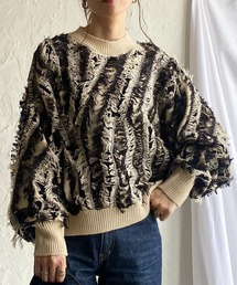 She's Closet | ウェーブ柄長袖ボリュームスリーブミックスフリンジジャガードニット(ニット/セーター)