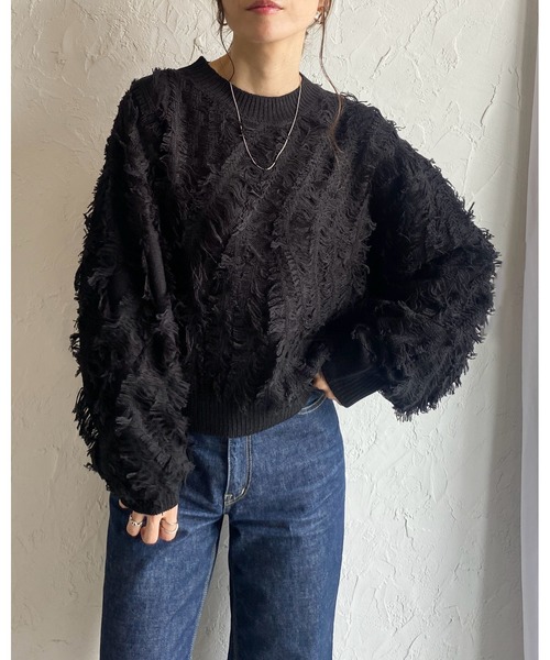 She's Closet(シーズクローゼット)の「ウェーブ柄長袖ボリュームスリーブミックスフリンジジャガードニット(ニット/セーター・レディース・ブラック/アイボリー/ブラックミックス/ネイビー/ブラウン/グレー・FREE)」の12枚目の写真