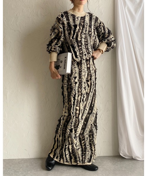 【新品】JUSGLITTY 柄編みハーフスリーブニットジャケット She's Closet ニット セーター ウェーブ柄長袖ボリューム