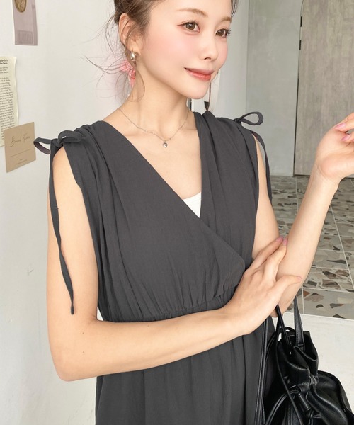 【タグ付き✨】ダイアグラム　カシュクール　シャツワンピース　ティアード　リボン セール】コットンワッシャーシャーリングリボンカシュクール