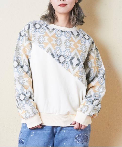 【セール】スウェット×ジャガードクルーネックプルオーバー（スウェット）｜CUBE SUGAR（キューブシュガー）