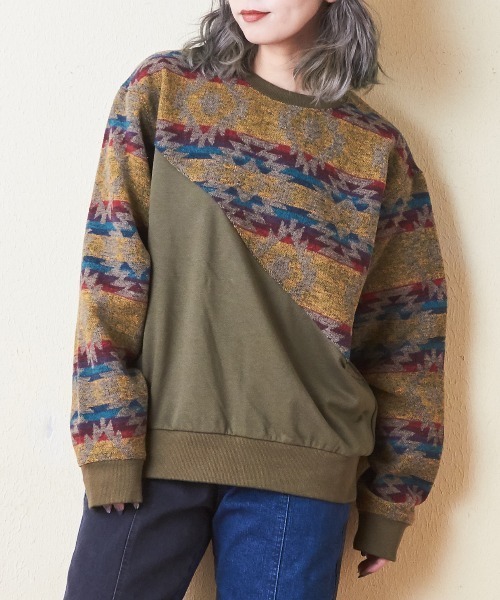 【セール】スウェット×ジャガードクルーネックプルオーバー（スウェット）｜CUBE SUGAR（キューブシュガー）