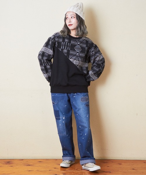 【セール】スウェット×ジャガードクルーネックプルオーバー（スウェット）｜CUBE SUGAR（キューブシュガー）