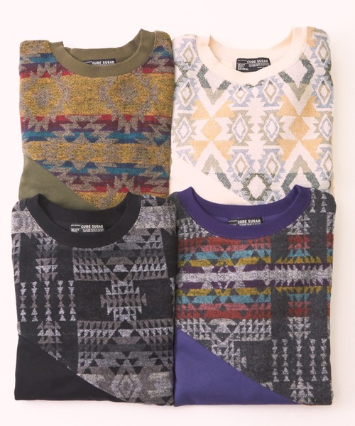 【セール】スウェット×ジャガードクルーネックプルオーバー（スウェット）｜CUBE SUGAR（キューブシュガー）