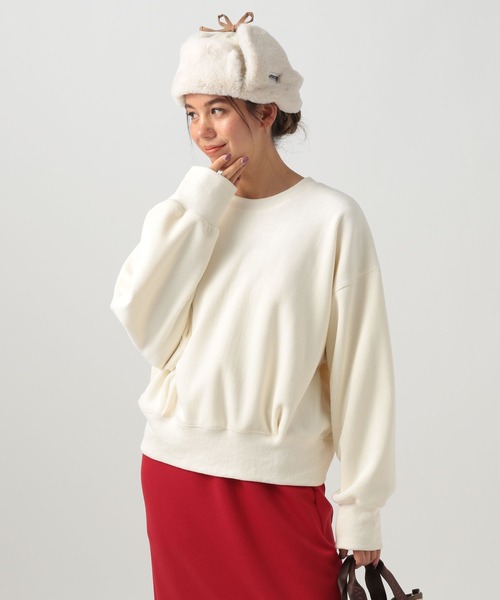 BAYFLOW（ベイフロー）の「[なめらかな肌ざわり]ソフトコーデュロイプルオーバー（スウェット・レディース・ピンク/チャコール/オフホワイト・FREE）」の2枚目の写真