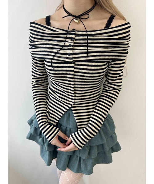 PHILLY（フィリー）の「【PHILLY】ボーダーオフショルトップス（Tシャツ/カットソー・レディース・ブラック/ブラウン・FREE）」の2枚目の写真