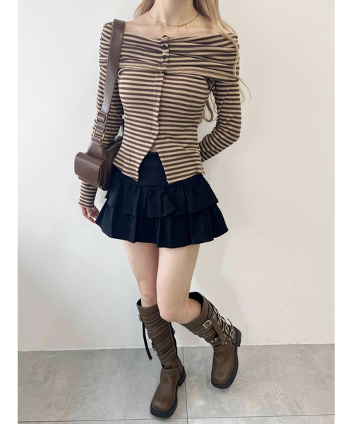 PHILLY（フィリー）の「【PHILLY】ボーダーオフショルトップス（Tシャツ/カットソー・レディース・ブラック/ブラウン・FREE）」の3枚目の写真