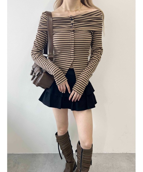 PHILLY（フィリー）の「【PHILLY】ボーダーオフショルトップス（Tシャツ/カットソー・レディース・ブラック/ブラウン・FREE）」の21枚目の写真