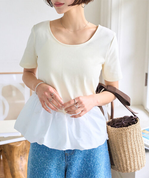 KOBE LETTUCE(コウベレタス)の「2wayバルーンペプラムドッキングトップス(Tシャツ/カットソー・レディース・ホワイト×ホワイト/ブラック×ホワイト/ブラック×ブラック/アイボリー系/ブラック系/アイボリー系1/ブラック系1/ホワイト系/ホワイト×ネイビー/ホワイト系1・M/L/L1/M1)」の10枚目の写真