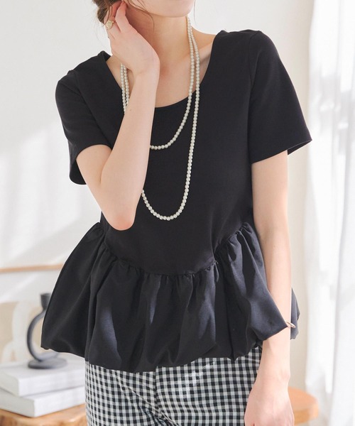 KOBE LETTUCE(コウベレタス)の「2wayバルーンペプラムドッキングトップス(Tシャツ/カットソー・レディース・ホワイト×ホワイト/ブラック×ホワイト/ブラック×ブラック/アイボリー系/ブラック系/アイボリー系1/ブラック系1/ホワイト系/ホワイト×ネイビー/ホワイト系1・M/L/L1/M1)」の16枚目の写真