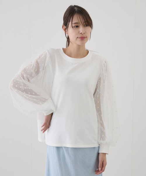 Jayro(ジャイロ)の「袖パール付きチュールプルオーバー(Tシャツ/カットソー・レディース・ホワイト/ブラック・FREE)」の1枚目の写真