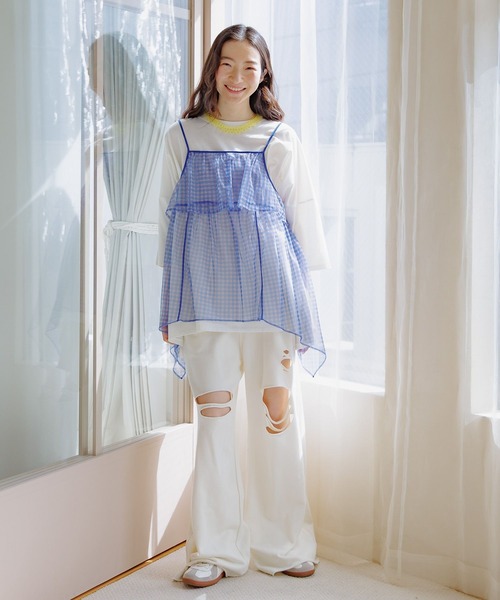 niko and...（ニコアンド）の「シアーイレヘムチェックキャミ（キャミソール・レディース・オフホワイト/ブラック/ブルー・FREE）」の8枚目の写真