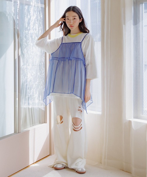 niko and...（ニコアンド）の「シアーイレヘムチェックキャミ（キャミソール・レディース・オフホワイト/ブラック/ブルー・FREE）」の9枚目の写真