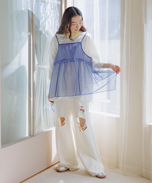 niko and...（ニコアンド）の「シアーイレヘムチェックキャミ（キャミソール・レディース・オフホワイト/ブラック/ブルー・FREE）」の10枚目の写真