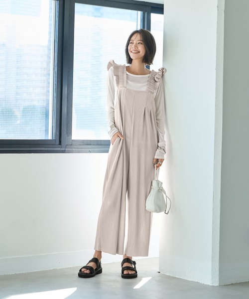 今期フリル　サロペット プリーツ加工フリルストラップサロペット（サロペット/オーバーオール