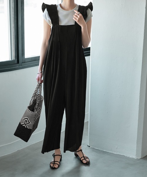 プリーツ加工フリルストラップサロペット（サロペット/オーバーオール