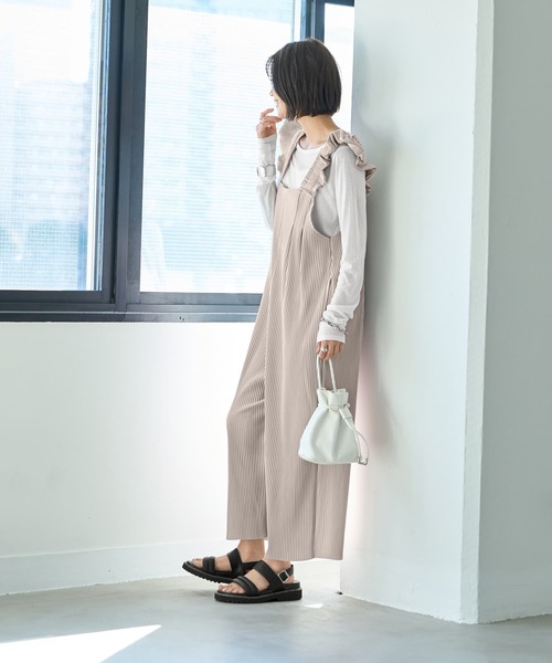 プリーツ加工フリルストラップサロペット（サロペット/オーバーオール