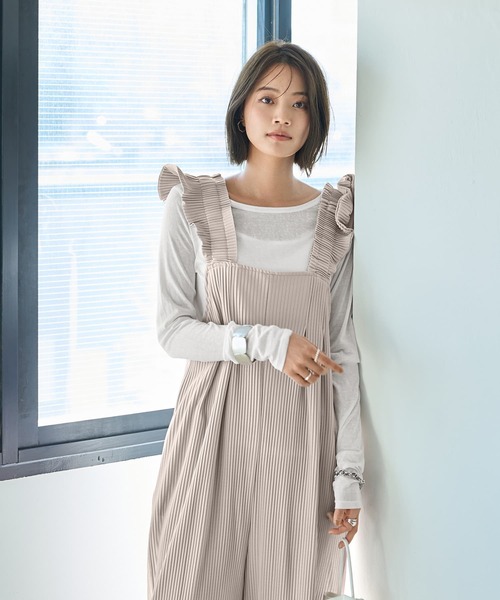 プリーツ加工フリルストラップサロペット（サロペット/オーバーオール