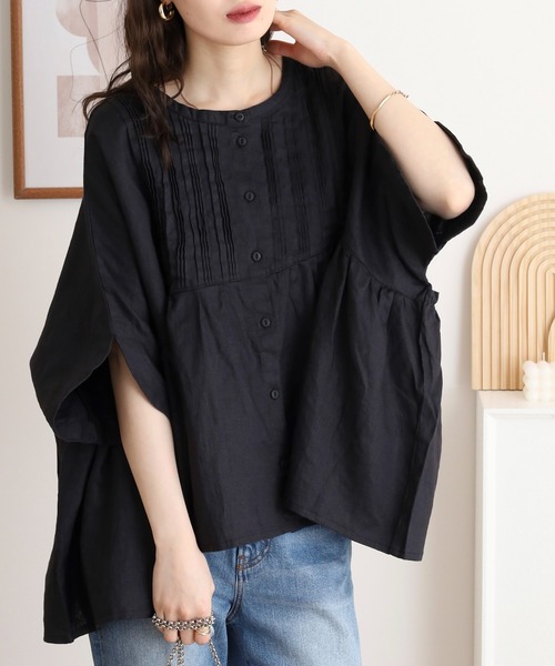 ubasoku(ウバソク)の「麻14s 胸元多数ピン コクーンブラウス(シャツ/ブラウス・レディース・ナチュラル/ブラック・FREE)」の3枚目の写真