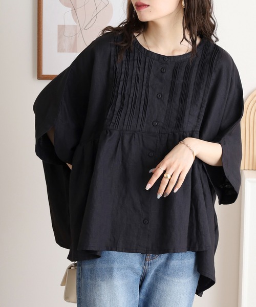 ubasoku(ウバソク)の「麻14s 胸元多数ピン コクーンブラウス(シャツ/ブラウス・レディース・ナチュラル/ブラック・FREE)」の5枚目の写真