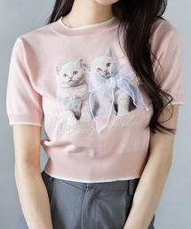 clear | ネコプリントリボン半袖ニットトップス[アニマル ガーリー]≪2025SS新作≫(ニット/セーター)