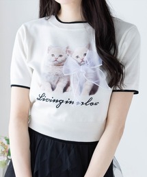 clear | ネコプリントリボン半袖ニットトップス[アニマル ガーリー]≪2025SS新作≫(ニット/セーター)