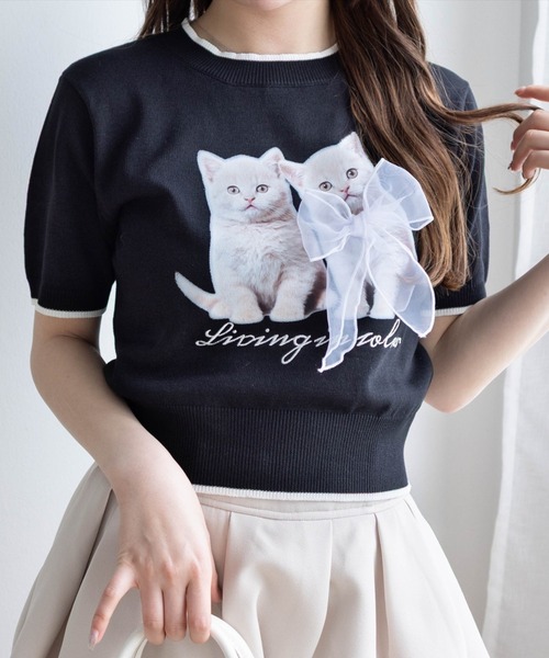 猫 フリル付き クロップド Tシャツ 半袖 リボン NOBRAND tシャツ 「低身長用サイズあり」猫リボンプリントTシャツ