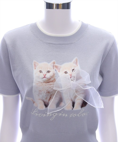 猫プリントリボン付き長袖Tシャツ　candystripper 匿名配送】レディース プリントtシャツ 猫のイラスト 長袖T