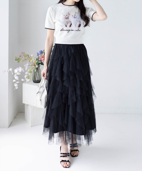 clear（クリア）の「ネコプリントリボン半袖ニットトップス[アニマル ガーリー]≪2025SS新作≫（ニット/セーター・レディース・アイボリー/ライトグレー/ピンク/ブラック・F）」の5枚目の写真