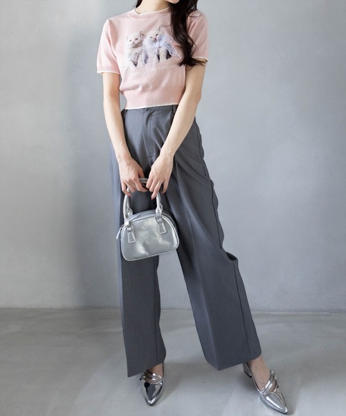 clear（クリア）の「ネコプリントリボン半袖ニットトップス[アニマル ガーリー]≪2025SS新作≫（ニット/セーター・レディース・アイボリー/ライトグレー/ピンク/ブラック・F）」の8枚目の写真