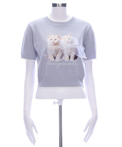 clear（クリア）の「ネコプリントリボン半袖ニットトップス[アニマル ガーリー]≪2025SS新作≫（ニット/セーター・レディース・アイボリー/ライトグレー/ピンク/ブラック・F）」の21枚目の写真