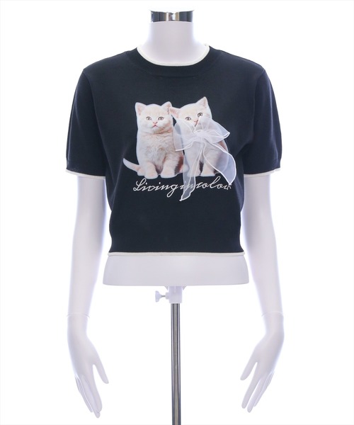 猫 フリル付き クロップド Tシャツ 半袖 リボン NOBRAND tシャツ ねこリボンプリント半袖Tシャツ レディース : ZOZOTOWN