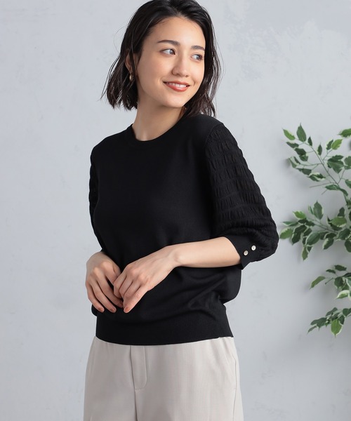 GALLORIA(ギャローリア)の「洗える 袖シャーリングニット(ニット/セーター・レディース・ライトオリーブ/ブラック/ライトグレー・LL/S/M/L)」の4枚目の写真