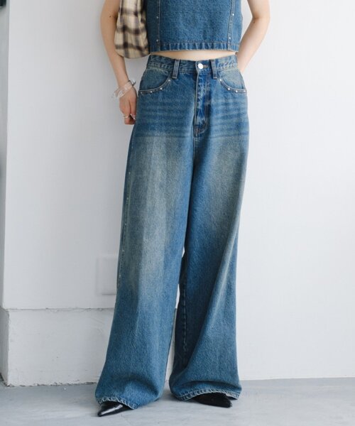 kastane スタッズデニムパンツ セットアップ対応/低身長サイズ/2サイズ展開/ウエスト調節可