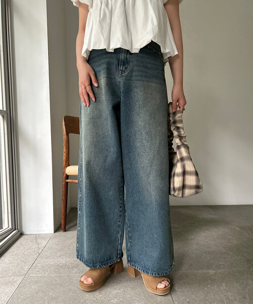 kastane スタッズデニムパンツ　１ セットアップ対応/低身長サイズ/2サイズ展開/ウエスト調節可