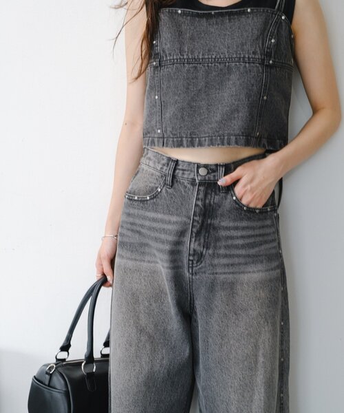 kastane スタッズデニムパンツ セットアップ対応/低身長サイズ/2サイズ展開/ウエスト調節可