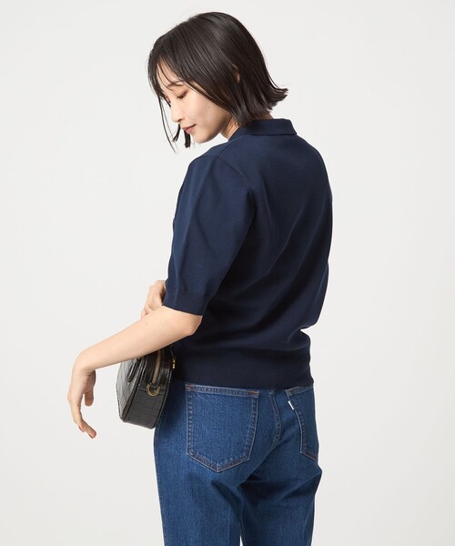 未使用UNITED ARROWS レディ オーガンジー 5分袖 ニット　ネイビー UNITED ARROWS（ユナイテッドアローズ）の「レディ オーガンジー