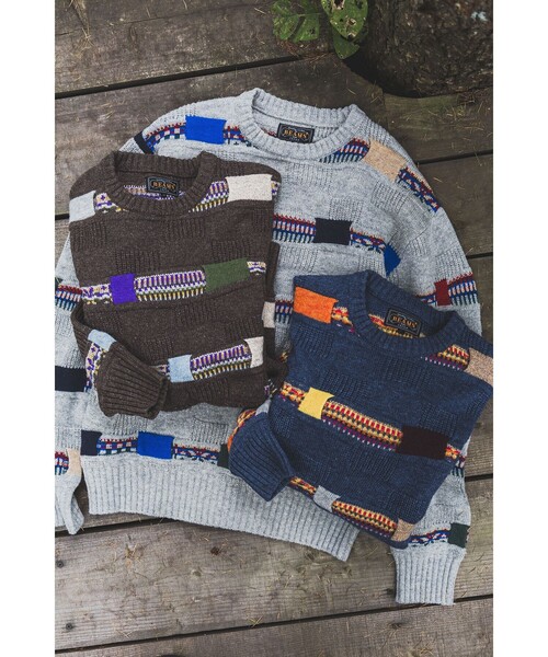 BEAMS PLUS（ビームスプラス）の「5G ジャカード ネイティブ ストライプ クルーネック ニット（ニット/セーター・メンズ・ブラウン/グレー/ネイビー・L/M/S/XL）」の4枚目の写真