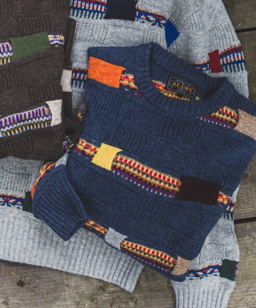 BEAMS PLUS（ビームスプラス）の「5G ジャカード ネイティブ ストライプ クルーネック ニット（ニット/セーター・メンズ・ブラウン/グレー/ネイビー・L/M/S/XL）」の3枚目の写真