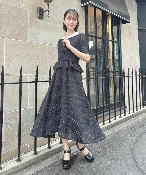 an another angelus（アンアナザーアンジェラス）の「クレリックペプラムワンピース【1枚で快適】　夏服（ワンピース・レディース・ブラック×ホワイト/ライトグリーン・FREE）」の6枚目の写真