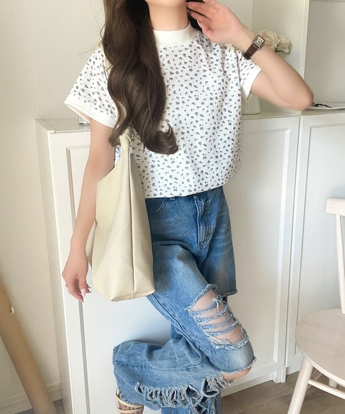 《JaVaジャバコラボ》甘さひかえめ、こなれガーリー小花柄ワッフル素材ラグランフレンチ袖カットソー（半袖）