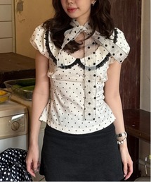 gossip！ロサンゼルス | Y2K ラウンドカラー ドット柄パフスリーブブラウス(Tシャツ/カットソー)