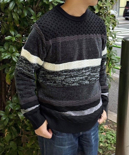 ikka(イッカ)の「モールミックスボーダーニット(ニット/セーター・メンズ・ワイン/ブラック/ネイビー/グリーン・M/XL/L/S)」の1枚目の写真