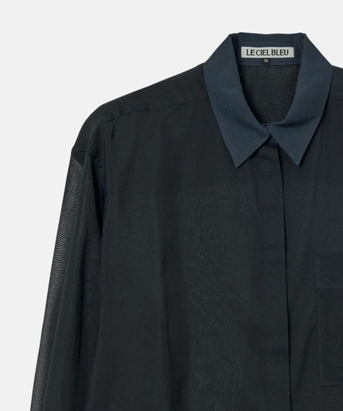 【新品未使用】LE CIEL BLEU シアーシャツ ブラック 透け感 セール】シアーシャツwコントラストカラー / Sheer Shirt w/Contrast