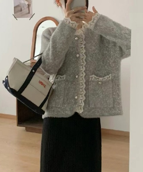 セール】【Y2Kガーリー】レーストリム付きニットカーディガン／長袖