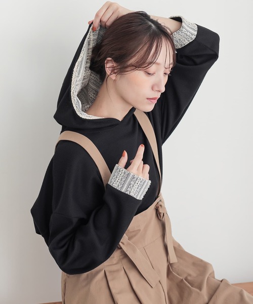 n'OrLABEL（ノアールレーベル）の「【機能素材】『レース切替ワッフルフードカットソー』（パーカー・レディース・ブルー/ブラック・FREE）」の15枚目の写真