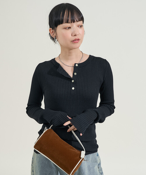 セール】ウォッシャブル ヘンリーネックニット/マルチボーダー